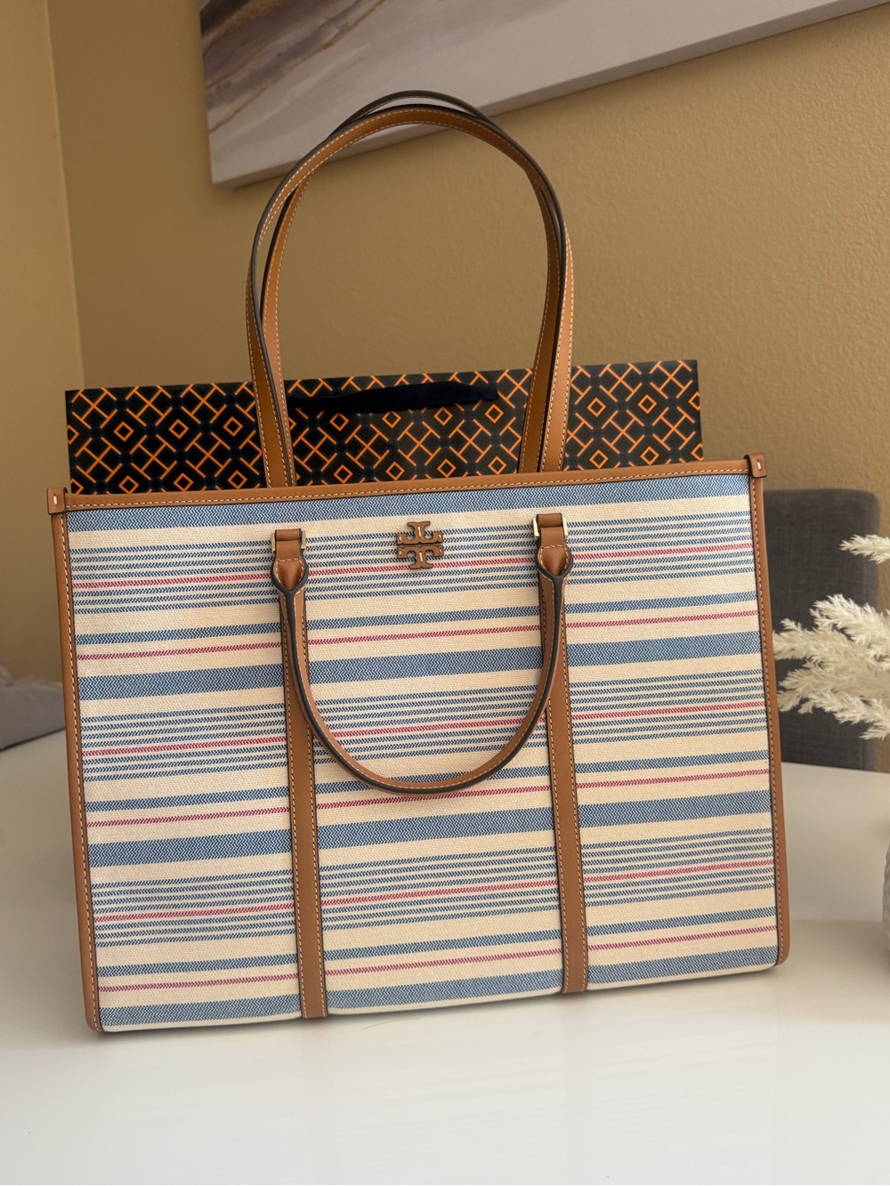 NWT, tory burch blake stripe canvas jumbo large tote multi walnut $550